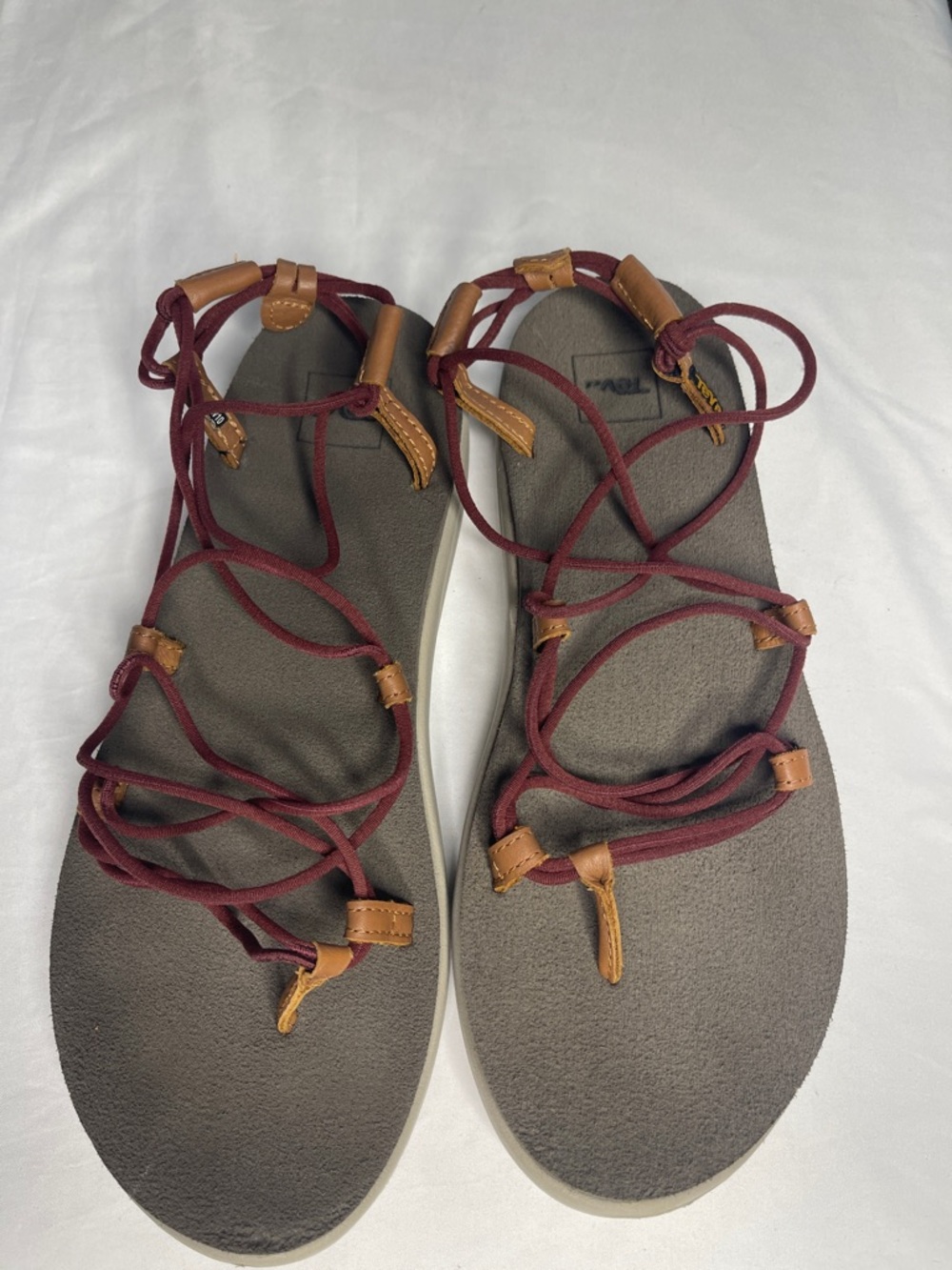 Teva Women's Burgundy Lace-Up Rope Sandals with Tan Leather Accents